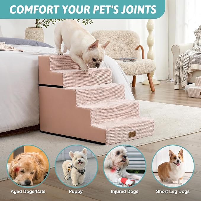 COZY KISS Dog Stairs for Small Dogs, 17.7" Extra Wide Detachable Pet Stairs for Couch and Bed, 23.6" H Non-Slip Dog Steps for Puppies and Old Cats, 17.7x29.5x23.6 inch, Pink