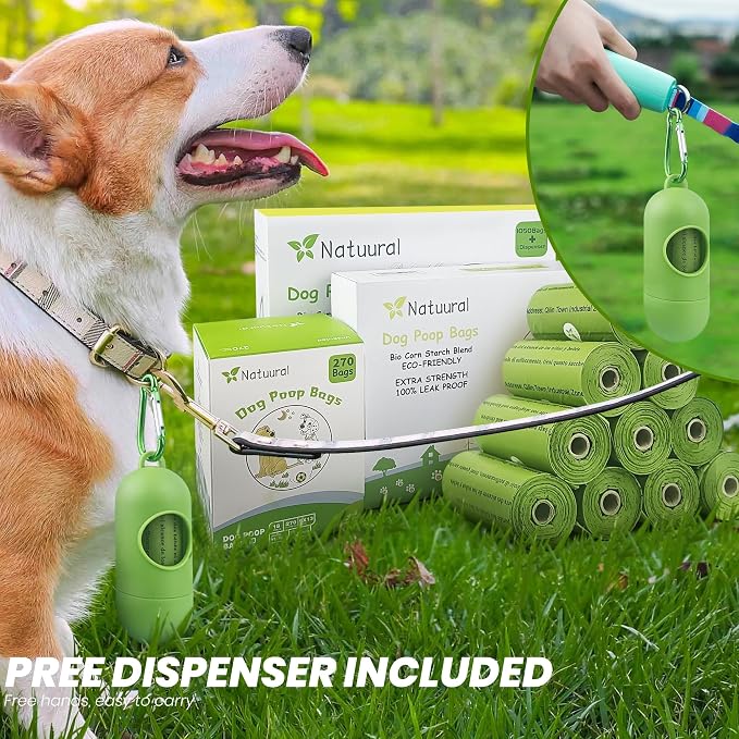 Poop Bags for Dogs-1050 Counts, 70 Rolls With a Free Dispensers, Doggie Poop Bags Made of Cornstarch, Extra Thick and 100% Leak Proof (Green)