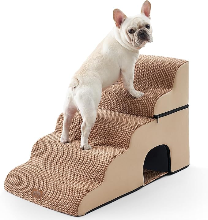 COZY KISS Small Dog Stairs with Tunnel, 5 Step Pet Ramp for High Bed | Curved Stable Dog Step for Puppy, Older Cat, Senior, Medium, Short-Legged Dog, Non-Slip Ladder for Car, 22.4" H, Light Brown