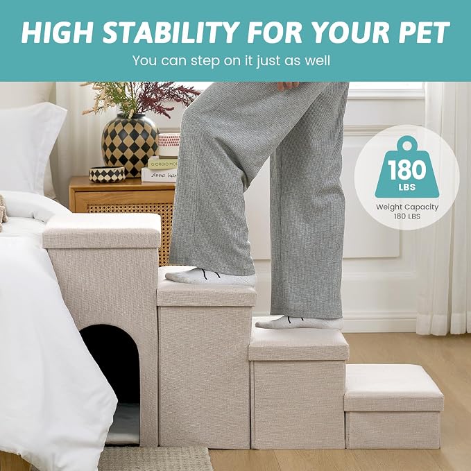 Dog Stairs with Storage, 3-Step Wider Sturdy Dog Steps for Small/Medium/Large Dogs and Older Cats, Doggie Ramp with Condo for Bed/Couch/Car Hold Up to 180 lbs (17.7" H, Beige)