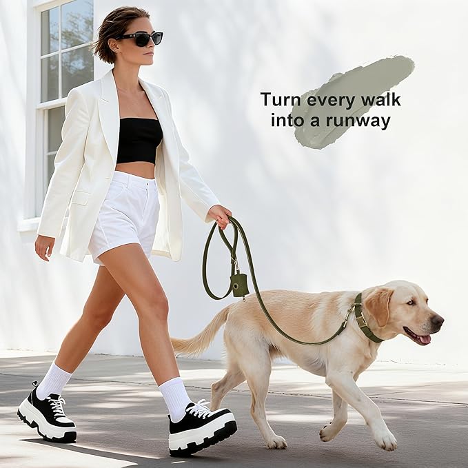 Didog Stylish Dog Poop Bag Holder for Leash, Easy-Pull and Colorful PU Leather Dog Poop Bag Dispenser with Metal Clip, Includes 1 Roll Pet Waste Bag for Daily Walking,Dark Green