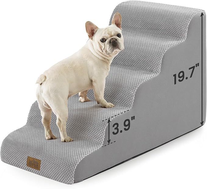 COZY KISS Dog Stairs for Small Dogs, 5 Step Pet Stairs for Beds & Couches | 19.7" H Curved Non-Slip Foam Dog Steps with Washable Cover for Puppies, Older Cats & Small Dogs, 15.7x33x19.7 in, Gray
