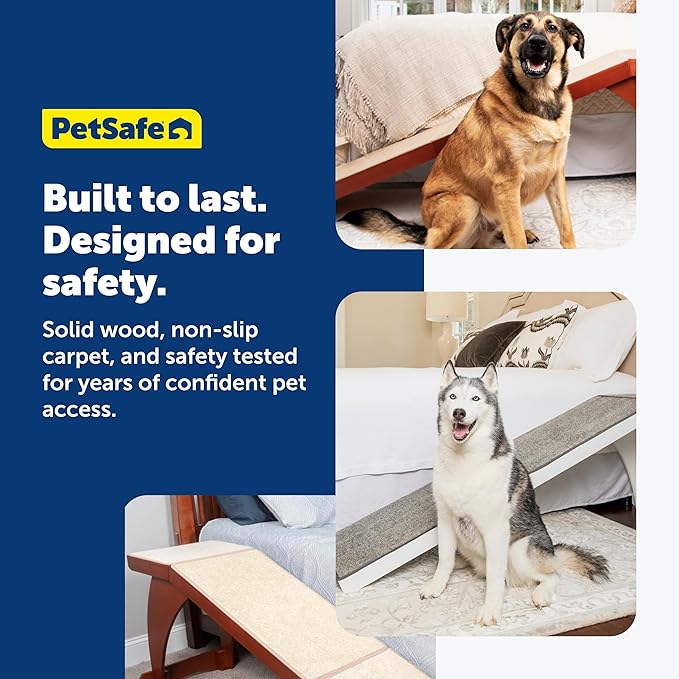 PetSafe CozyUp Wooden Pet Bed Ramp, White | Durable Wood Ramp with High-Traction Carpet Surface, for Small Dogs & Senior Dogs/Cats Up to 120 Lb, 70"L x 16"W x 25"H
