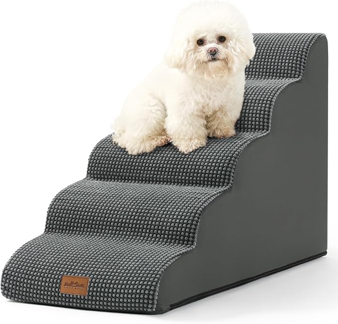 COZY KISS Wide Dog Stair for Small Dog 22.6" H, 5 Step Pet Ramp for Bed | Curved Stable Dog Step for Puppy, Older Cat, Senior, Medium, Short-Legged Dog, Non-Slip Ladder for Car, Charcoal Grey