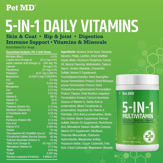 Pet MD 5-in-1 Dog Multivitamin - 30 Key Nutrients for Wellness - 60ct | For Hip & Joint Health, Immune Function, Healthy Skin & Shiny Coat, and Digestive Support - Senior Dog & Puppy Vitamins