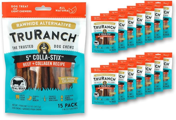 TRURANCH Collagen Sticks - 5" Collagen Sticks for Dogs - Long Lasting Healthy Joint Support - Rawhide Alternative - Skin & Coat Health - Made with Real Beef, Value Pack, 15 Bags, 225 Count