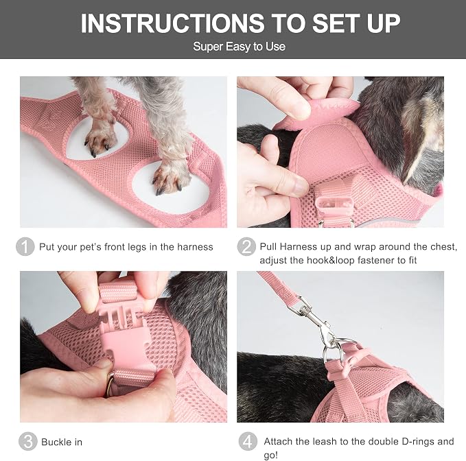 Fida Comfy Dog Harness with Leash, Soft Puppy Vest Escape Proof, Breathable Lightweight Soft Mesh, Adjustable Reflective Step-in Harness for Small & Medium Pet Walking (L, Pink)