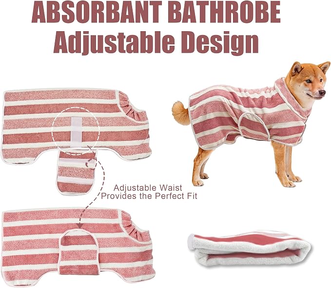 Fast Drying Dog Bath Robe, Super Absorbent Stripes Dogs Towel, Adjustable Warm Keeping Pet Puppy Bath Supplies (Red, L)