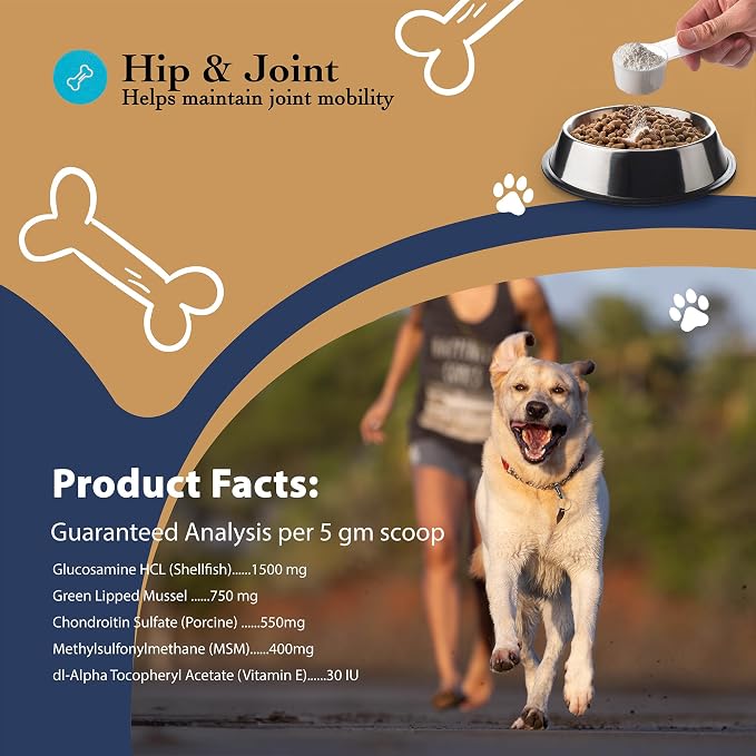 Hip and Joint Food Supplement for Dogs, Medium Breeds- Glucosamine and Chondroitin Powder with Green Lipped Mussel - Pain, Inflammation Relief with Vitamins - Senior Health Supplies for Arthritis