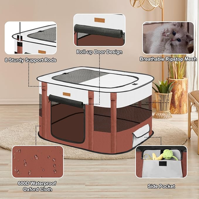 Foldable Cat & Dog Playpen with Carry Bag, Brown X-Large