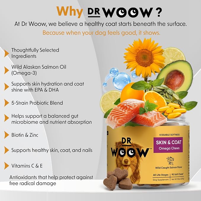 Omega 3 Supplements for Dogs Soft Chews (90 CT) – Skin & Coat Support + Itchy Skin Comfort – Wild Alaskan Salmon Oil + Biotin – Made in USA