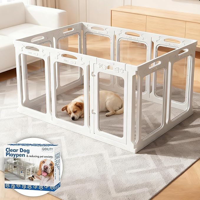 Height 30 Inch Clear Dog Playpen with Toilet, Expandable Size & Flexible Shape, 10 Panels, White