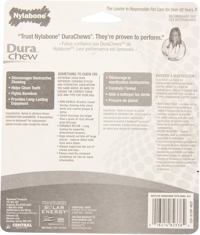 Nylabone Dura Chew Large Textured Ring Dog Chews, Chicken Flavor, Pack of 6