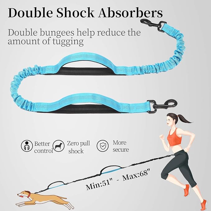 iYoShop Hands Free Dog Leash with Zipper Pouch, Large, 25-120 lbs, Blue | Waist Leash, Dual Padded Handles, Shock-Absorbing Bungee, Adjustable Waist Belt, Walking and Running