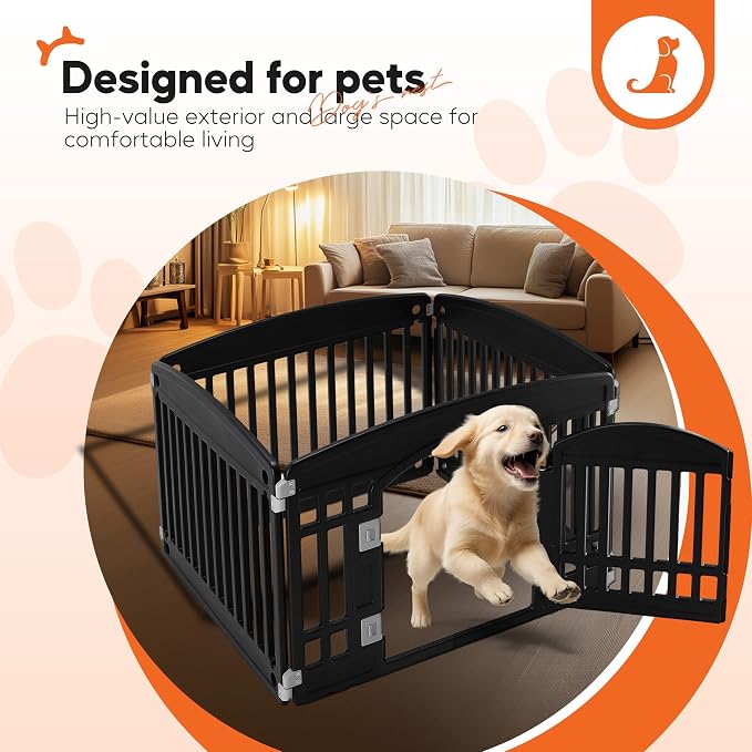 HealSmart 24 Inch 4-Panel Pet Playpen, Sturdy Dog Playpen with Safety Locking Door, Foldable & Portable Design for Puppies, Small & Medium Dogs, Black