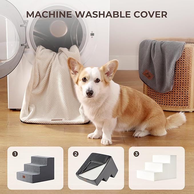 Dog Stairs for Small Dogs, 3-Step 13.5" H Ramp for Couch and Bed, Non-Slip Foam Pet Stairs for Indoor Living Room Bedroom Side, Grey