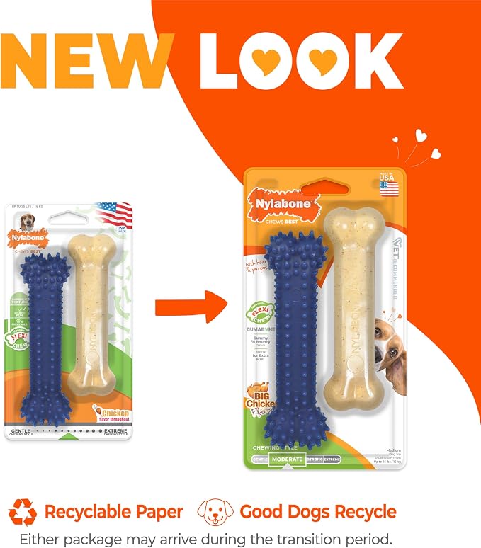 Nylabone Flexi Chew Original Bone & Textured Bone Dog Chew Toys, 2 Count | Chicken flavor, medium breeds, flexible material, gentle on teeth, freezable, great for seniors, for dogs up to 35 lbs