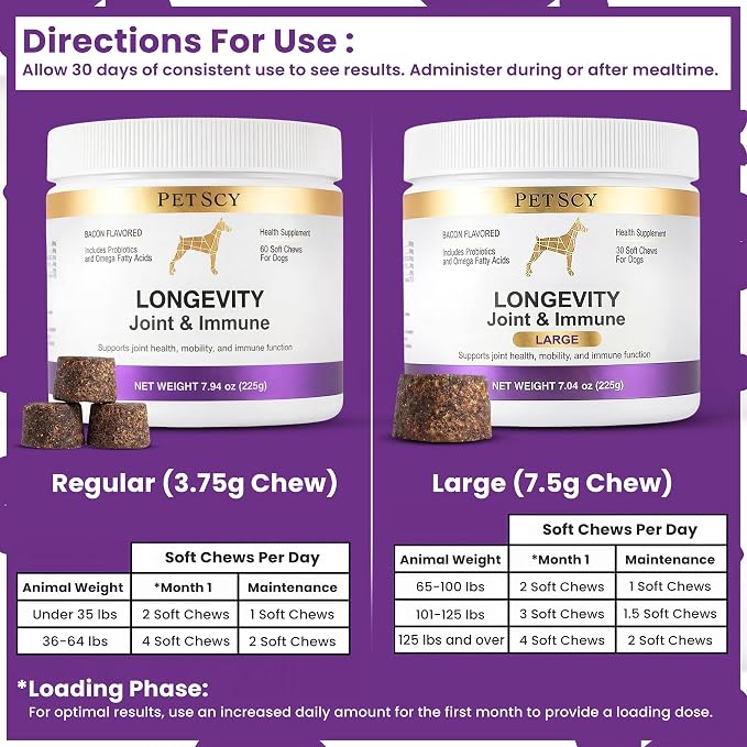 Petscy Longevity Hip & Joint + Immune Support for Dogs - Large (7.5g Chew) - High Dose Glucosamine, MSM, Chondroitin, Green Lipped Mussel, Omega 3, Probiotics - 30 Chews (Large Dogs)