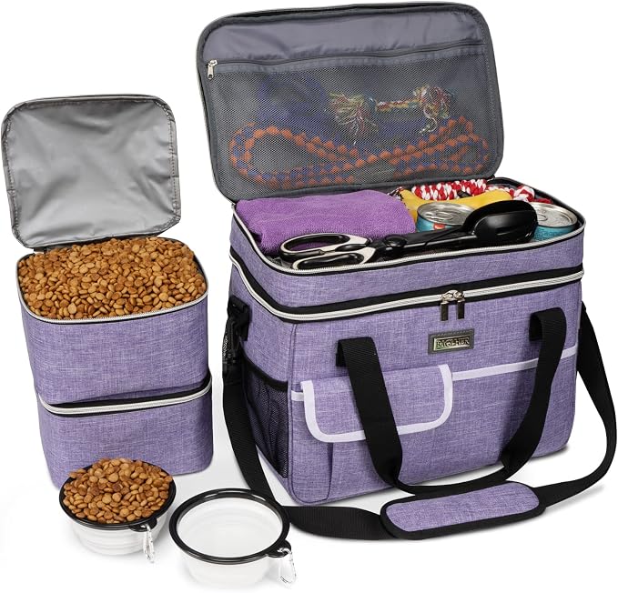 BAGLHER Dog Travel Bag, Double-Layer, with Food Containers & Bowls, Purple