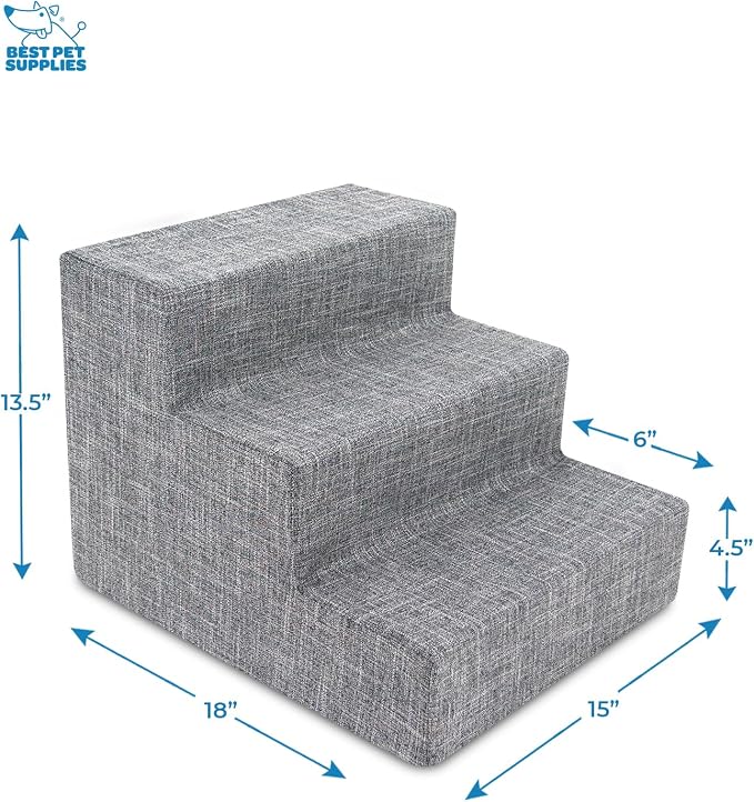 Best Pet Supplies Dog Stairs & Steps - Foam Steps for Small Dogs & Cats, Non-Slip Indoor Balanced Pet Step Support, Dog Ramp, No Assembly, Ash Gray Linen, 3-Step (13.5-inch Height)