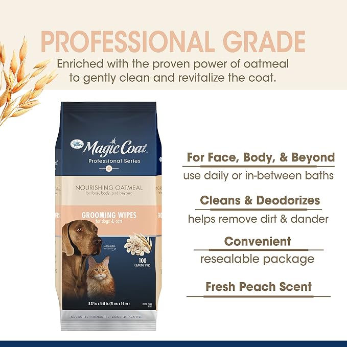 Four Paws Magic Coat Nourishing Oatmeal Grooming Wipes, Peach Scent, 100 Count