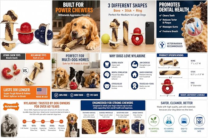 Nylabone Tough Dog Chew Variety Pack, 3 Count | Long-lasting nylon satisfies aggressive chewers, promotes dental health, reduces destructive behavior,vet-recommended