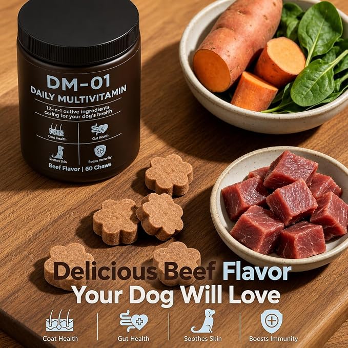 DM-01 Dog Multivitamin Chews, Daily Supplement with Salmon Oil, Chondroitin & Folic Acid, Promotes Skin & Coat Health, Digestive Aid & Immune Support, 60 Soft Chews