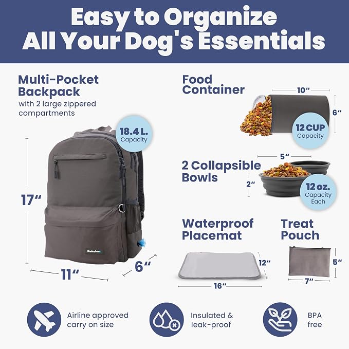 rubyloo Dog Travel Bag with Bowls, Treat Pouch & Food Container, Dark Grey
