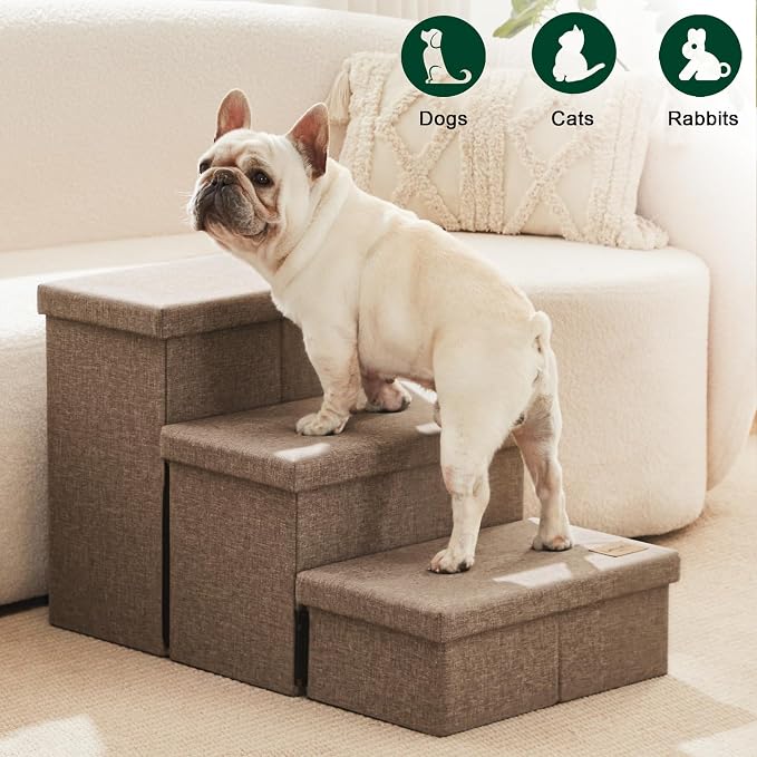 Love's cabin Dog Stairs for High Bed 18" H, Foldable Pet Stairs for Small Medium or Large Dogs Puppy with Storage for Bed or Couch, Cat Dog Steps Ramp with Zip up to 200 lbs, Light Brown, 3 Steps