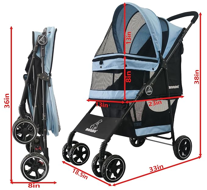 ROODO 4-Wheel Pet Stroller - Sky Blue, up to 30lbs, All-Terrain