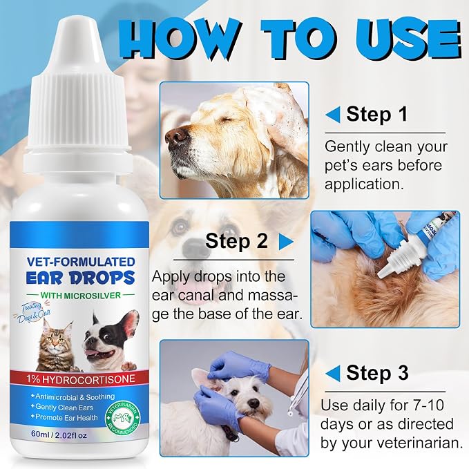 2 Pack Cat & Dog Ear Infection Treatment Drops with 1% Hydrocortisone