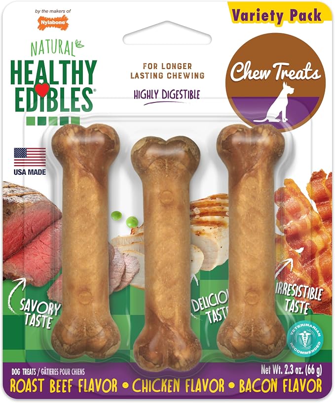 Nylabone Healthy Edibles Natural Dog Chews, Long Lasting Bones for Dogs, Roast Beef & Chicken Flavor Dog Treats, X-Small (3 Count)