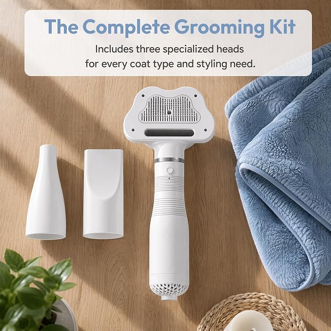 Pet Hair Dryer Brush, Dog Slicker Grooming Blower with Adjustable Temperature & Low Noise, Portable Pet Hair Dryer Comb for Small Medium Dogs Cats, Fast Drying & Detangling for Long/Short Haired Pets