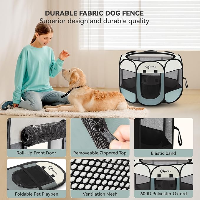 Siedihit Large Dog Cat Playpen, Puppy Pet Playpen Indoor for Dog Crate Tent Cage Outdoor, Portable Pop Up Dogs Enclosure Kennel with Carrying Case for Dogs/Cats/Rabbits, Grey