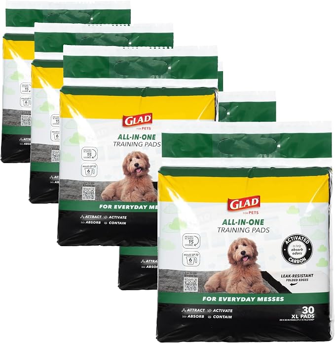 Glad for Pets Extra Large Charcoal Training Pads for Dogs and Puppies, Activated Carbon Odor Control, 6-Layer Absorbent Leak-Proof Pee Pads with Pheromone Attractant, 28 x 30 in, 30 Count - 6 Pack