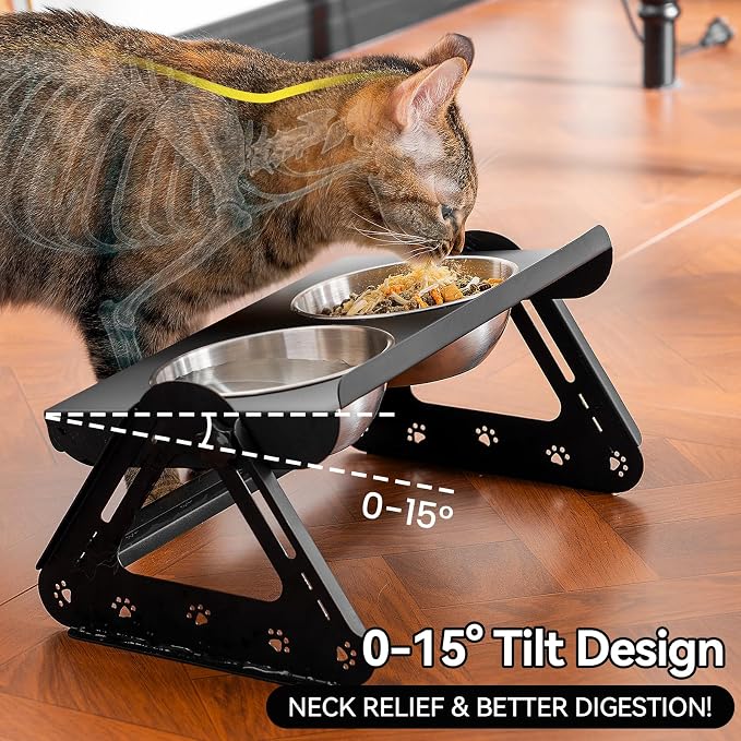 JUNSPOW Elevated Dog Bowls with 2 400ml Stainless Steel Bowls for Small Medium Dogs Cats, 3.35''-6.3'' Height Adjustable and 15° Tilted Adjustment Raised Stand, Lifted Pet Food & Water Feeder
