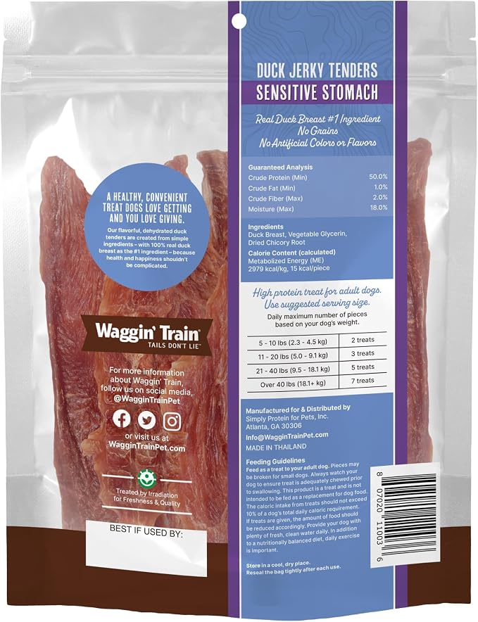 Waggin' Train Duck Jerky Dog Treats for Dogs with Sensitive Stomachs, Made with 100% Real Duck Breasts, Three All-Natural Ingredients, High Protein Dog Treat, Easily Digestible for Dogs, 12 oz. Pouch