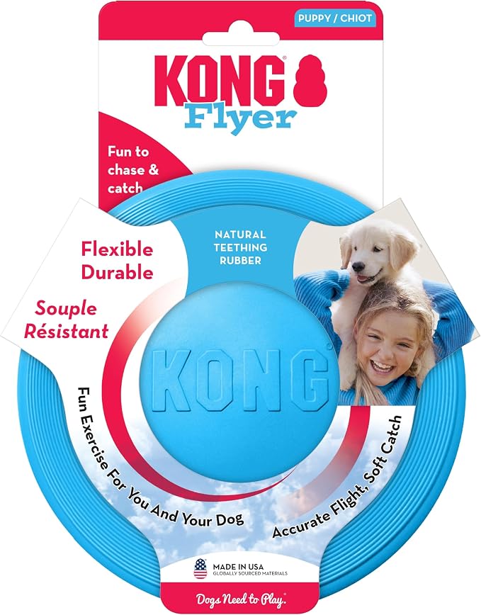 KONG Puppy Flyer, Soft Rubber Flying Disc Toy, for Small Puppies, Blue | Soft Gentle Rubber Flying Disc Made for Growing Puppies, Great for Easy Fetch & Active Outdoor Playtime