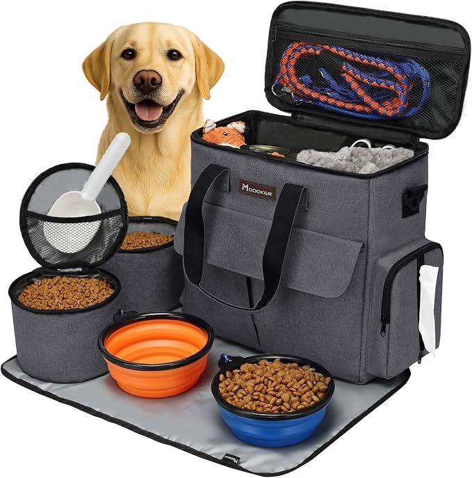 Modoker Airline Approved Pet Travel Bag Weekend Set with Food Containers & Bowls, Dark Gray