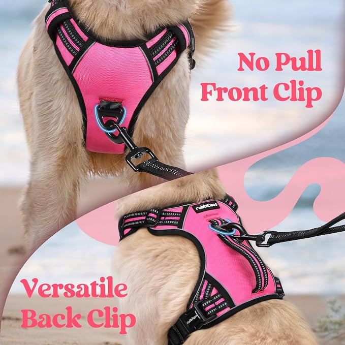 rabbitgoo Large Dog Harness, Easy Wear with 3 Buckles and Lift Handle | No Pull with Front Clip for Walking, Adjustable Soft Padded, Reflective, Easy Control, Pink, X-Large