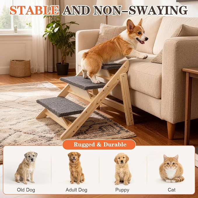 Dog Ramp, Durable Pet Stairs for High Beds, 2-in-1 Foldable Wooden Dog Steps for Couch and Car, Joint-Friendly Stairs for Senior Dogs, Non-Slip Carpeted Pet Steps with High-Weight Capacity