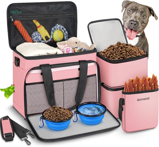 6-Set Dog Travel Bag with Bowls & Food Containers, Pink