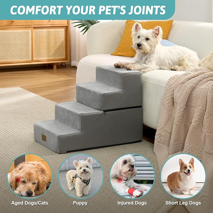 COZY KISS Dog Stairs for Small Dogs, 4 Tier Removable Wider Pet Stairs for Couch and Bed, 17.7" H Dog Steps for Old Cats, Puppy, Small Dogs, 17.7x23.6x17.7 inch, Gray