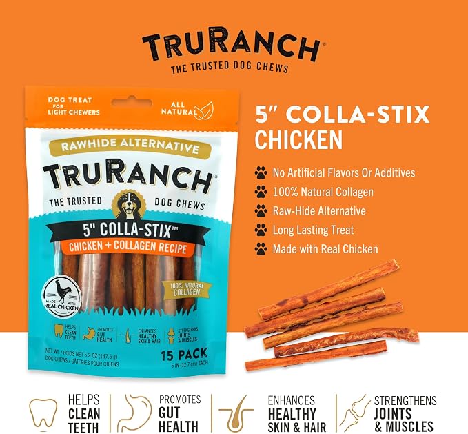 TRURANCH Collagen Sticks - 5" Collagen Sticks for Dogs - Long Lasting Healthy Joint Support - Rawhide Alternative - Skin & Coat Health - Made with Real Chicken, Value Pack, 15 Bags, 225 Count