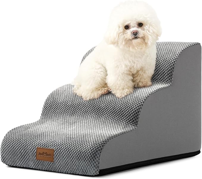 COZY KISS Wide Dog Stairs for Small Dog 15.7" H, Pet Step for Puppy, Older Cat, Curved Ramp for Couch, Durable Anti-Slip Ladder with High Density Foam, 3 Step, 17.7x22.4x15.7 inch, Grey