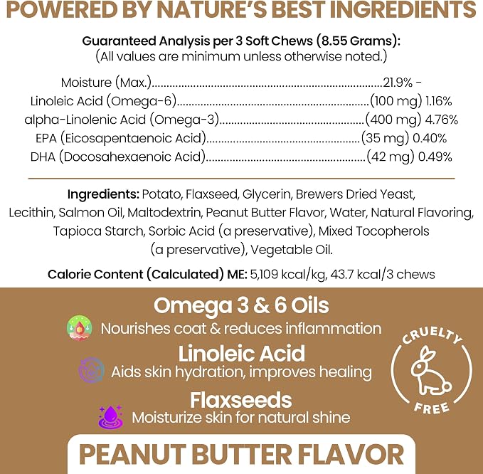 Omega 3 Fish Oil for Dogs, Peanut Butter - 180 Soft Chews for Skin and Coat