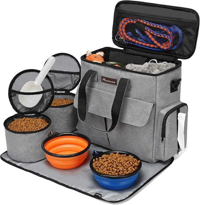 Modoker Dog Travel Bag Weekend Set with Food Containers & Bowls, Grey