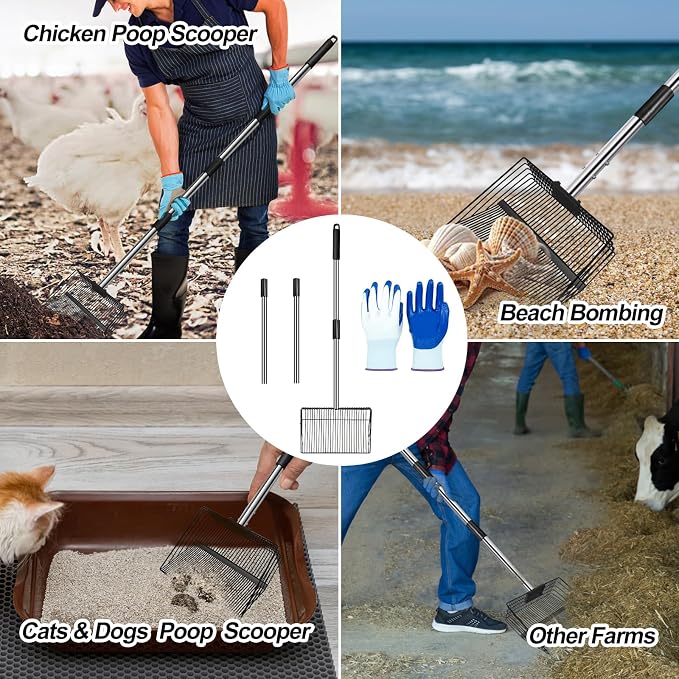 15 inch Large Chicken Poop Scooper and Rake for Sand for Shavings 74" Heavy Duty Pooper Scooper Long Handle Chicken Coop Scoop for Cleaning Tools 5-in-1 Sifting Shovel for Chicken Scoop supplies