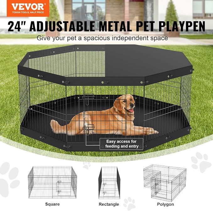 VEVOR Foldable Dog Exercise Pen, 24in 8 Panels, with Top Cover & Bottom Pad