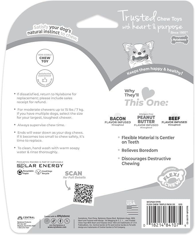 Nylabone Flexi Chew Original Bone Dog Chew Toys, X-Small, 3 Count | Bacon, peanut butter, & beef flavor, dog toys for small dogs up to 15 lbs, flexible, gentle on teeth, great for seniors